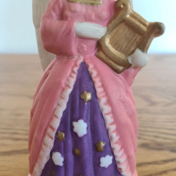 Vintage Hand Painted Bell Bisque Musical Angel Figurine With Pink Gown And Harp - Picture 4 of 10